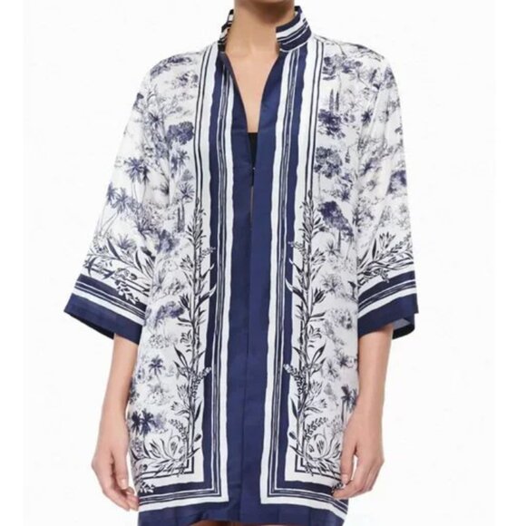 Tory Burch Frenesi Toile Floral Silk Shirt Top Cover Up Stripe Vallauris - Picture 1 of 8